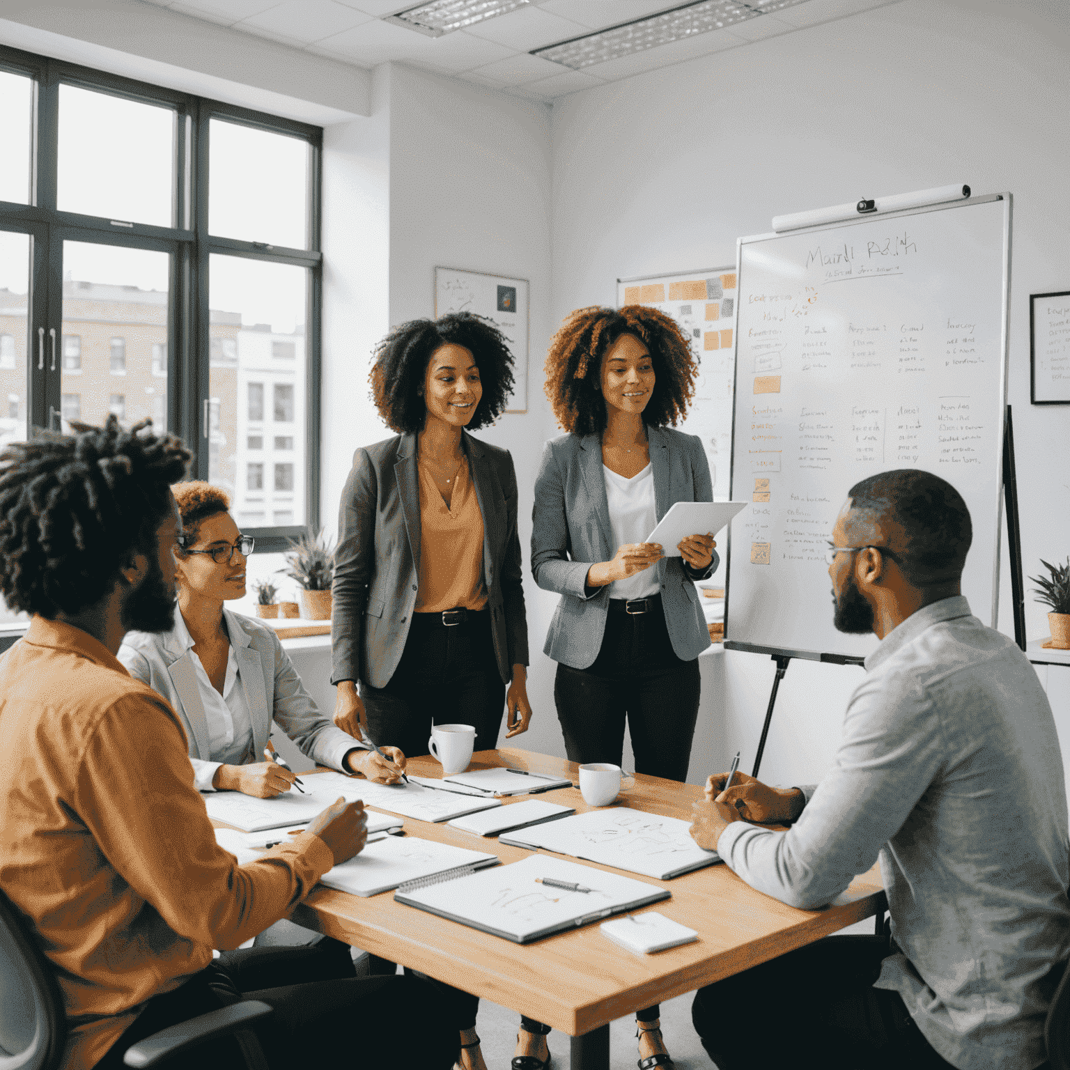 A diverse group of professionals engaged in a collaborative workshop on mental health in a bright, modern office space. The image shows people sharing ideas on a whiteboard, using stress-relief tools, and participating in a mindfulness session.