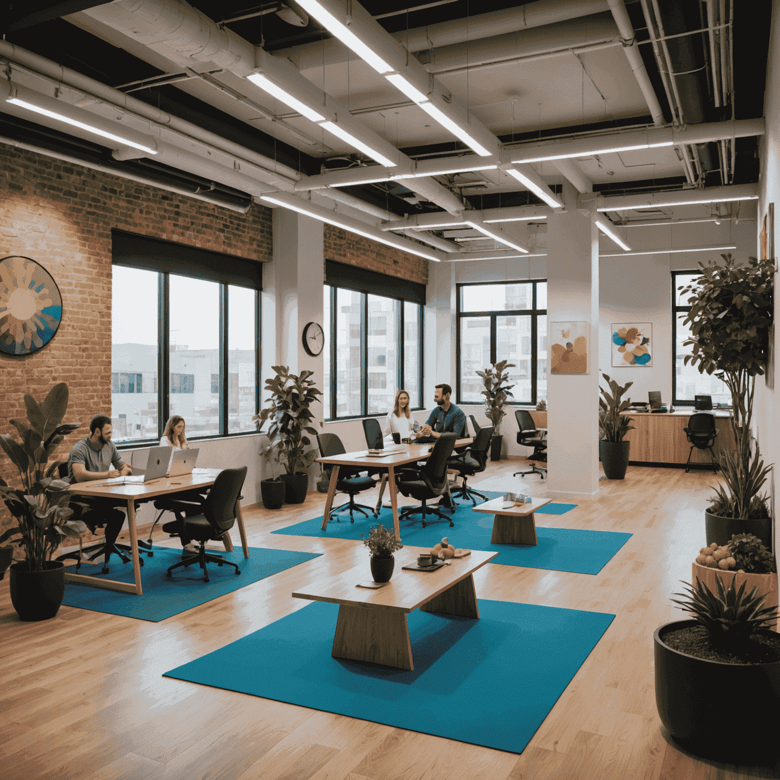 TechInnovate's modern office space with employees engaged in various wellness activities, including yoga sessions, standing desks, and a vibrant communal area with healthy snacks