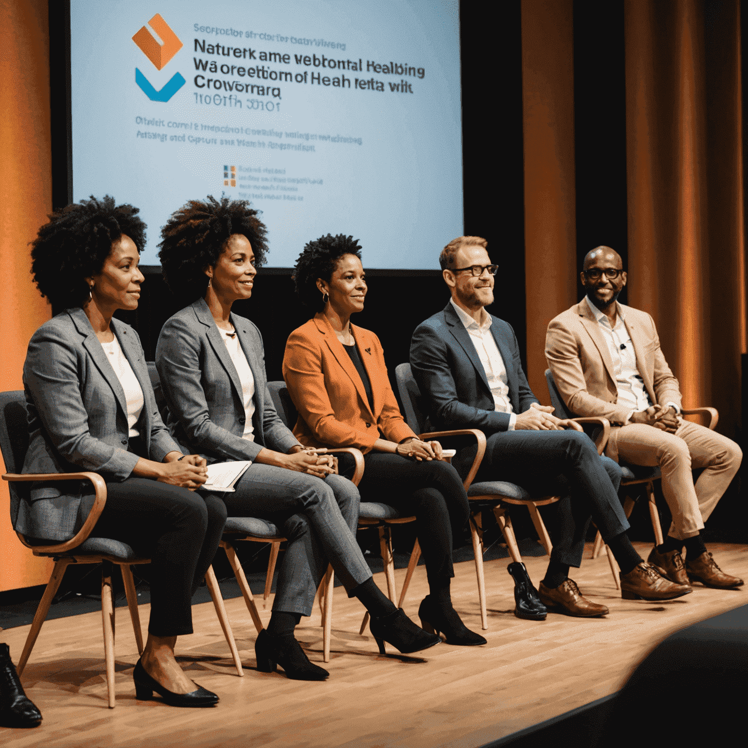 A diverse group of professional speakers on stage, sharing insights on workplace wellbeing and mental health