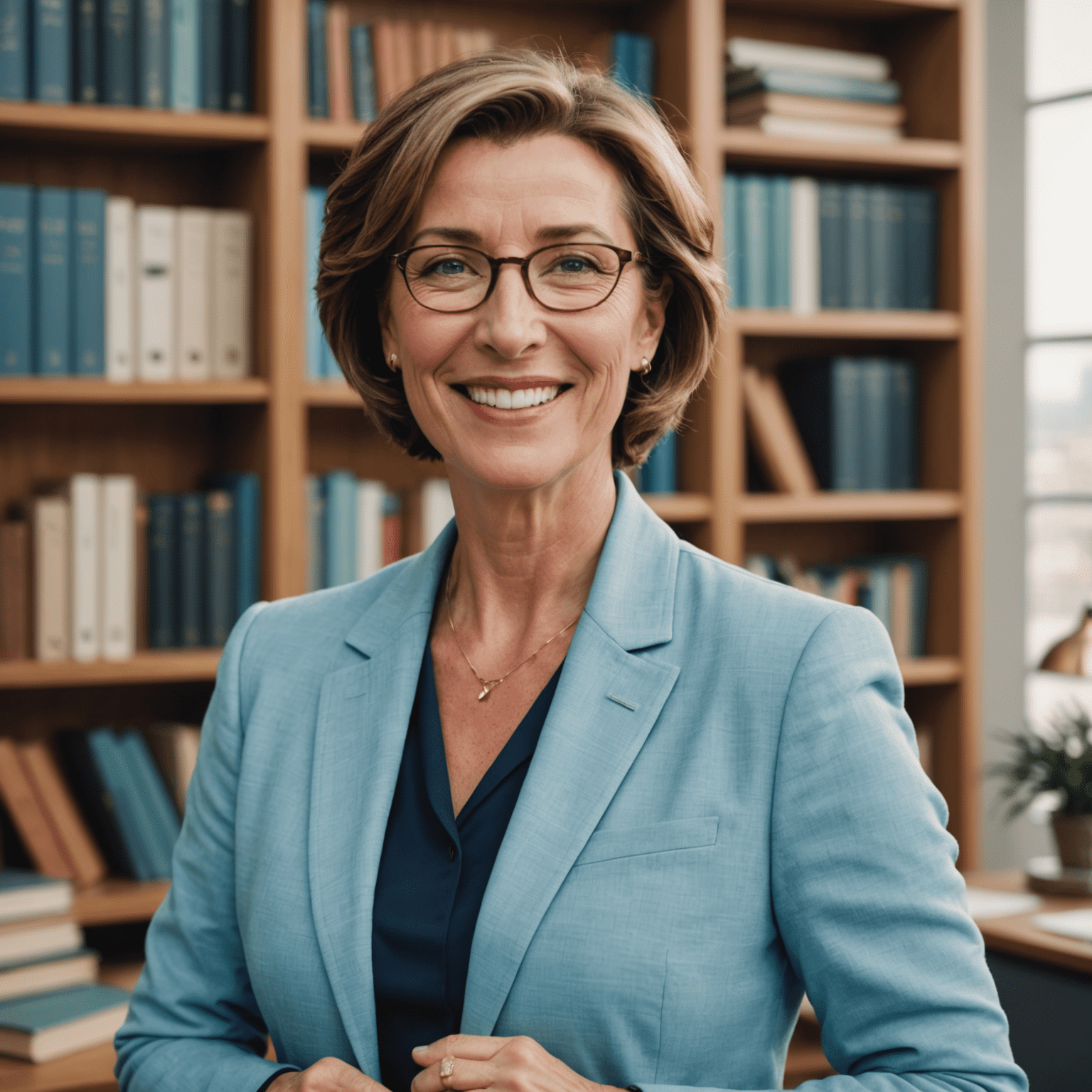 Dr. Emma Thompson, a middle-aged woman with short brown hair and glasses, smiling warmly at the camera. She is wearing a light blue blazer and standing in front of a bookshelf in an office setting.