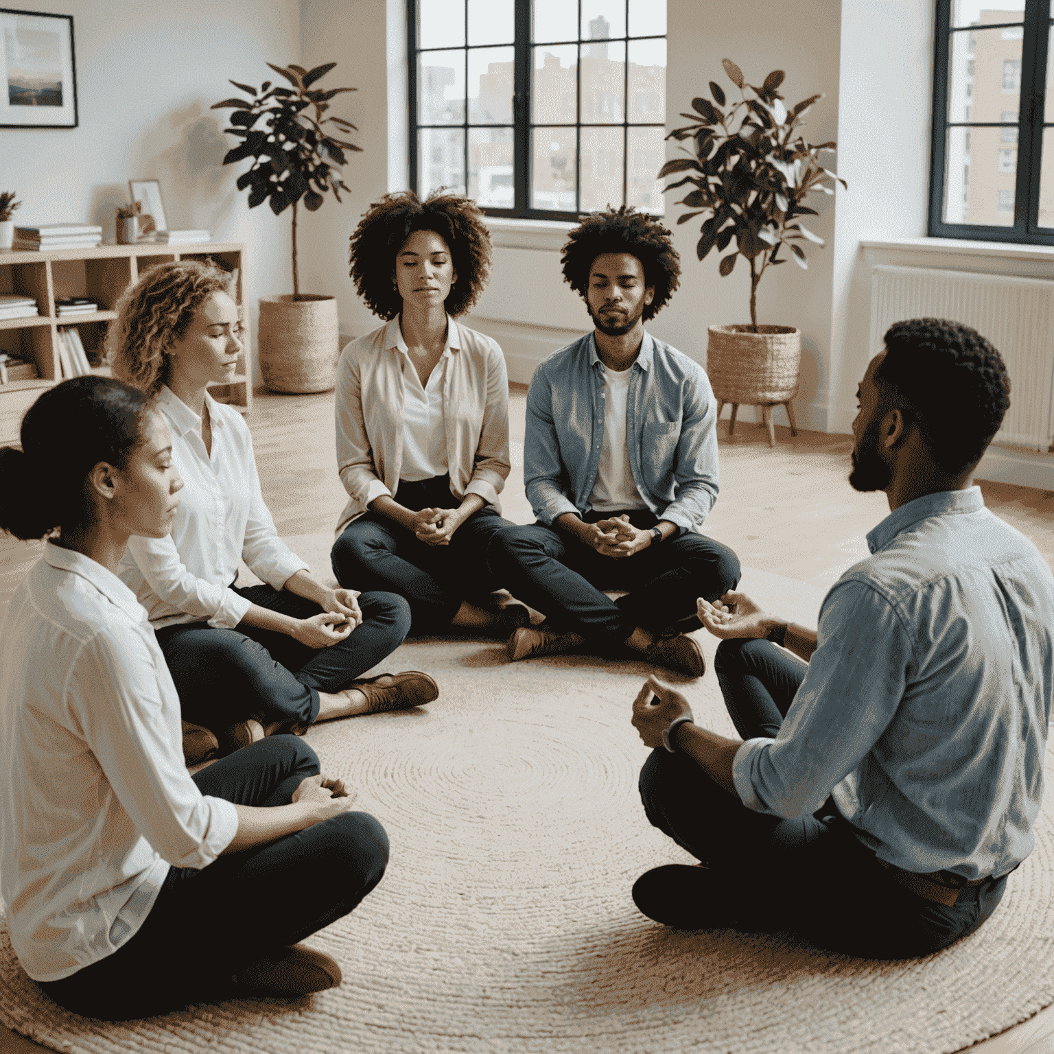 A group of diverse professionals practicing mindfulness techniques in a bright, modern office space. The image shows people sitting comfortably, eyes closed, in a circle formation.