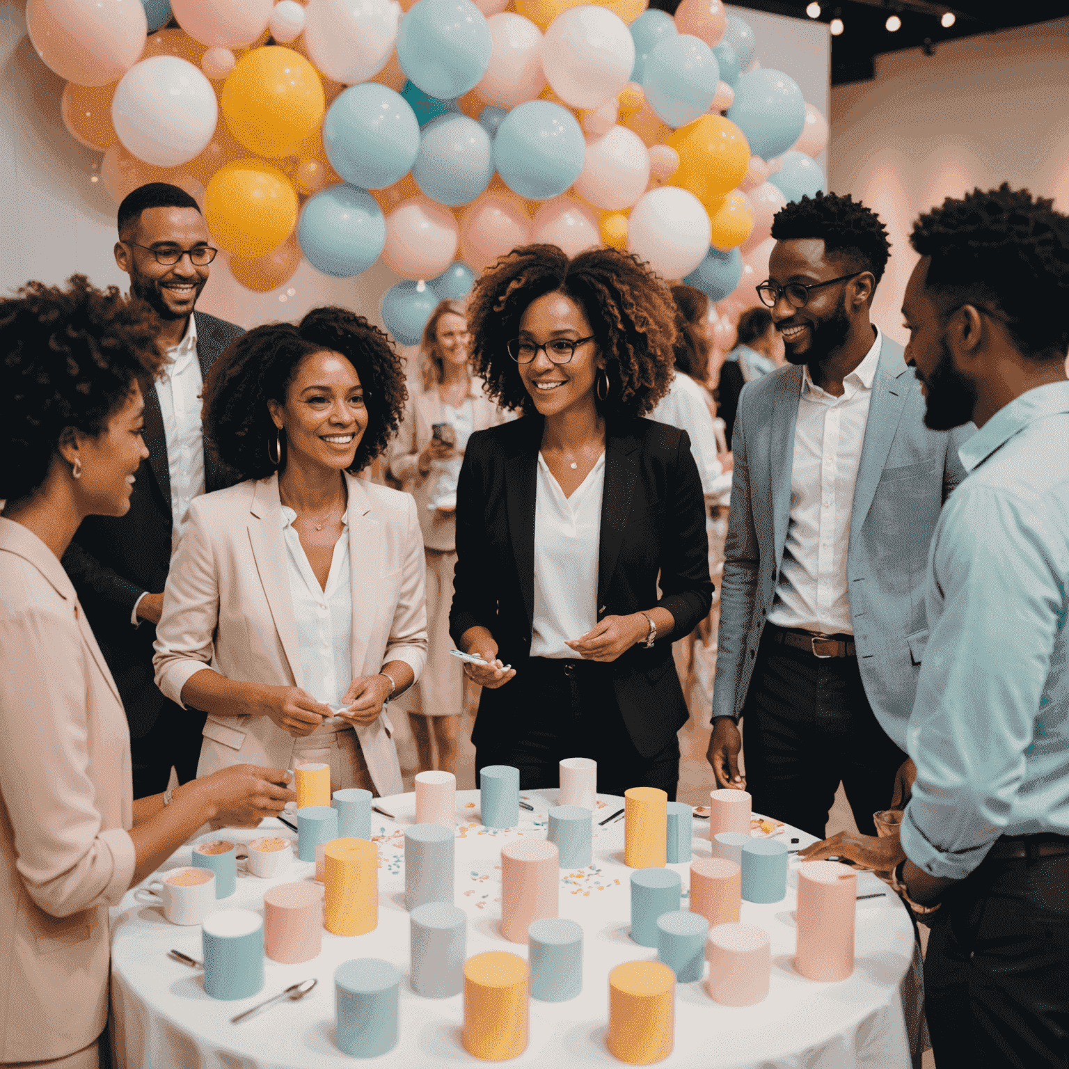 Diverse group of professionals networking at a Softetica event, engaged in animated discussions with a backdrop of soft pastel decorations