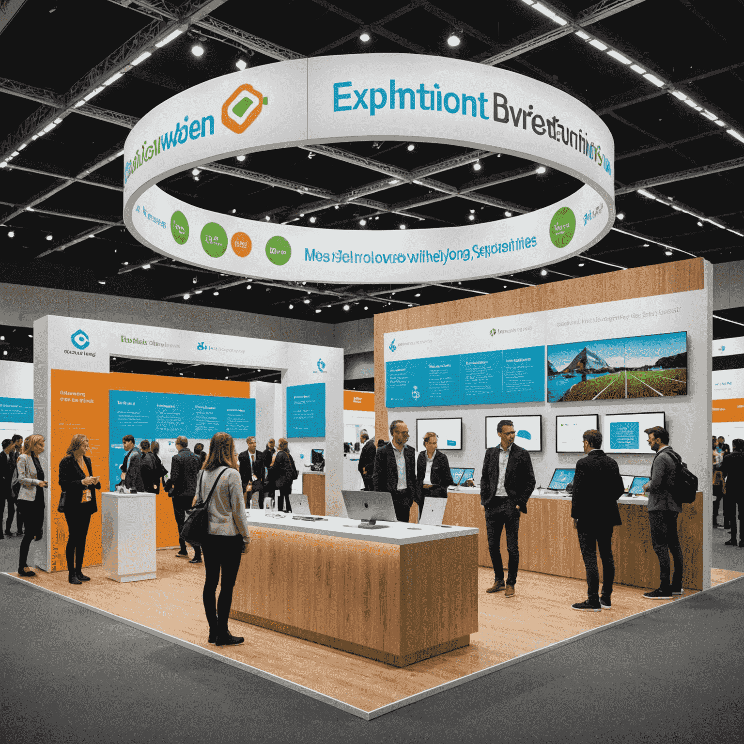 A spacious exhibition hall with various booths showcasing innovative wellbeing solutions. People are seen interacting with displays and talking to representatives.