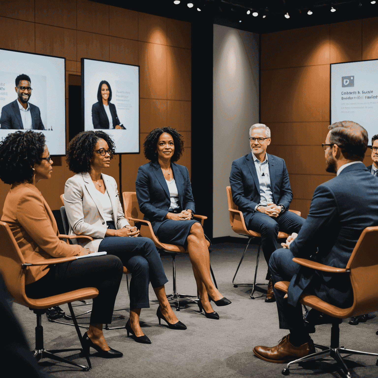 A diverse panel of experts discussing work-life balance strategies, with a moderator and engaged audience in a conference setting