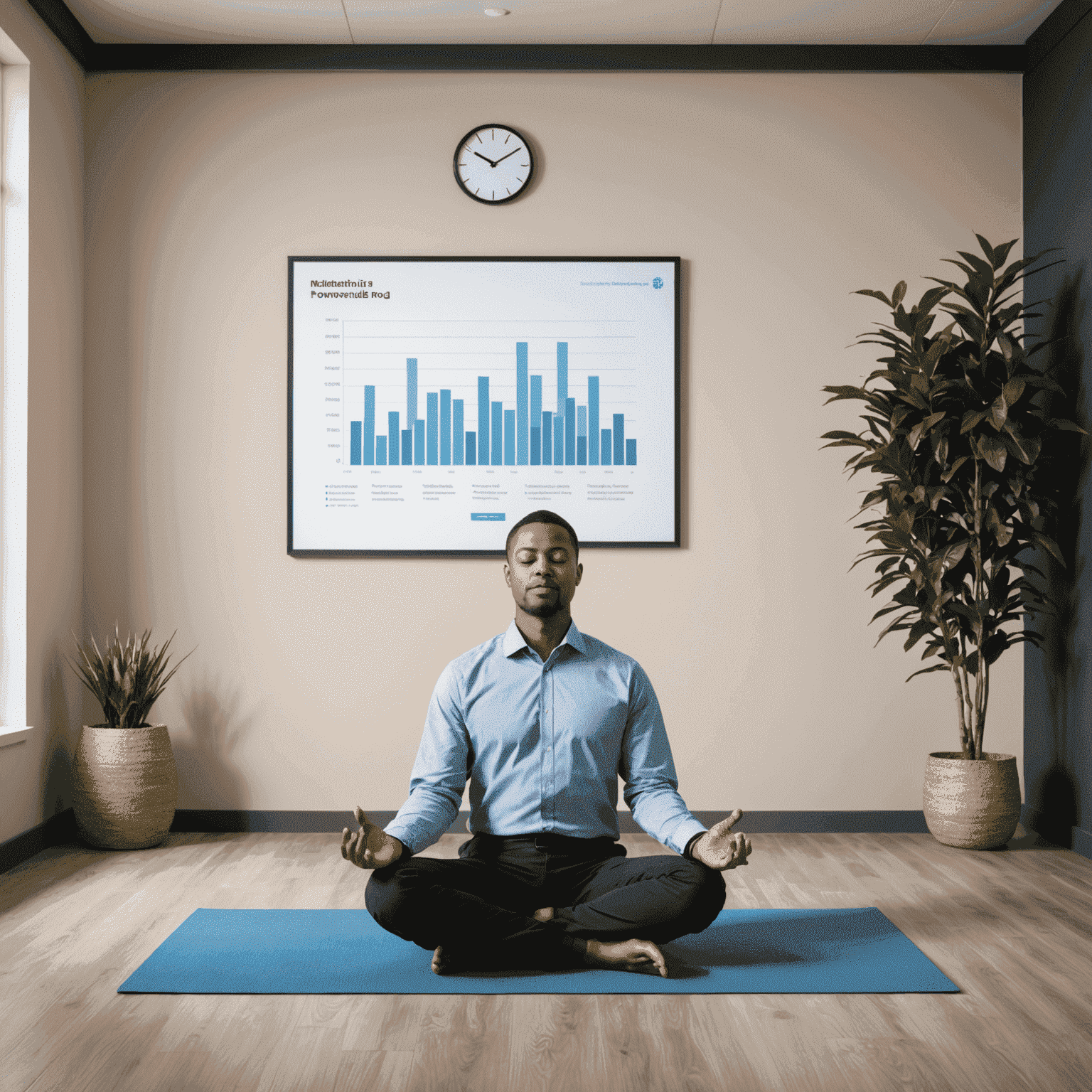 FinanceForward's meditation room with employees practicing mindfulness, and a graph showing decreased stress levels and increased productivity