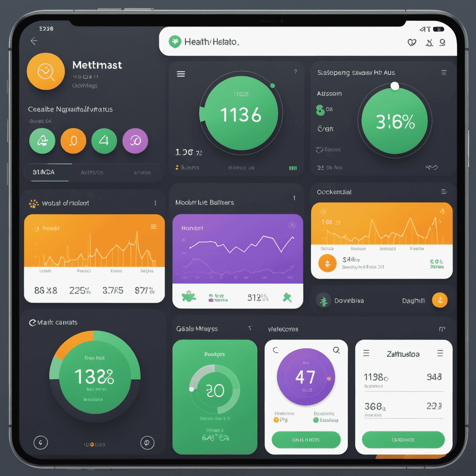 Screenshot of a wellness tracking app dashboard showing various health metrics and achievement badges