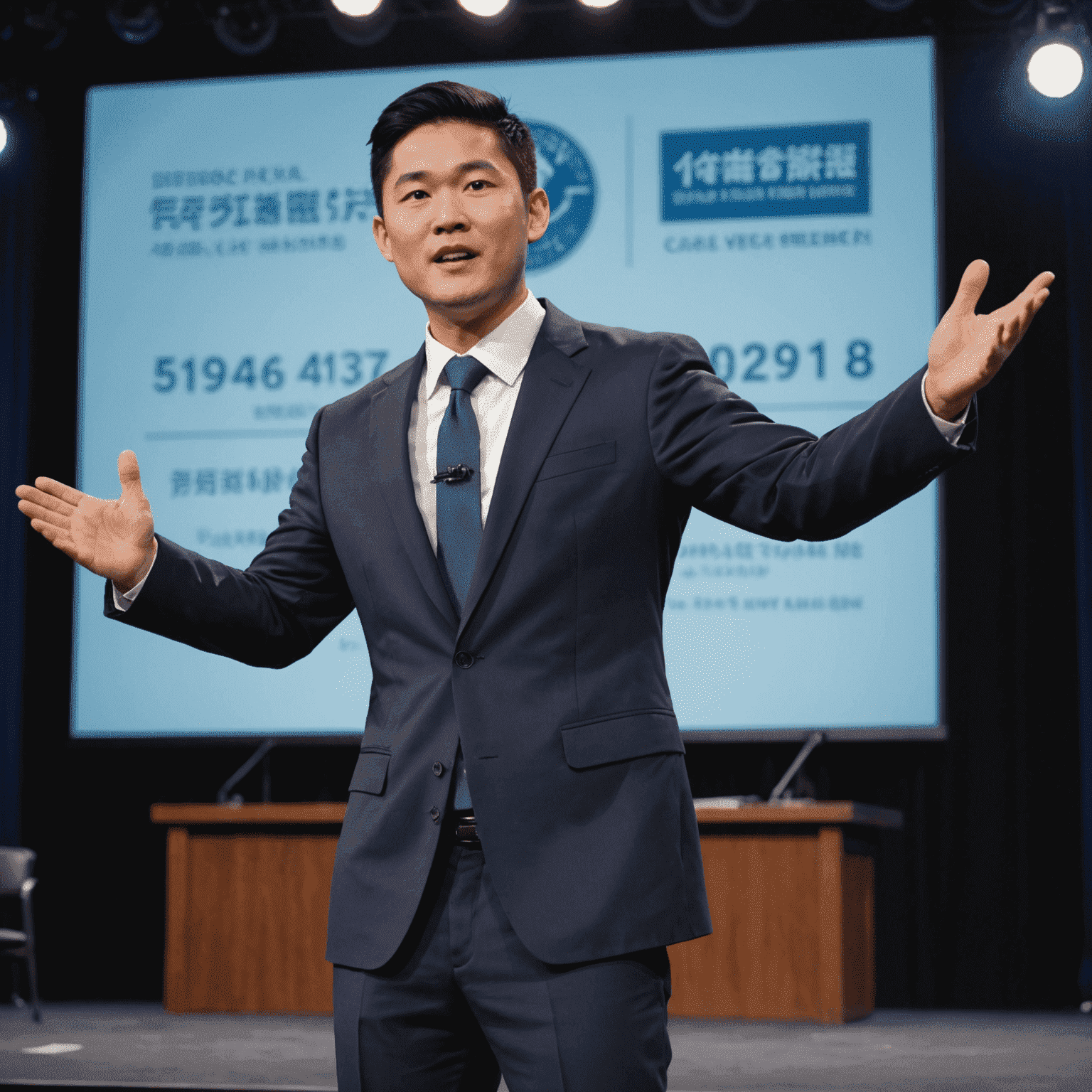 James Chen, an Asian man in his late 30s with black hair, wearing a navy suit. He is standing on a stage, gesturing enthusiastically while giving a presentation.