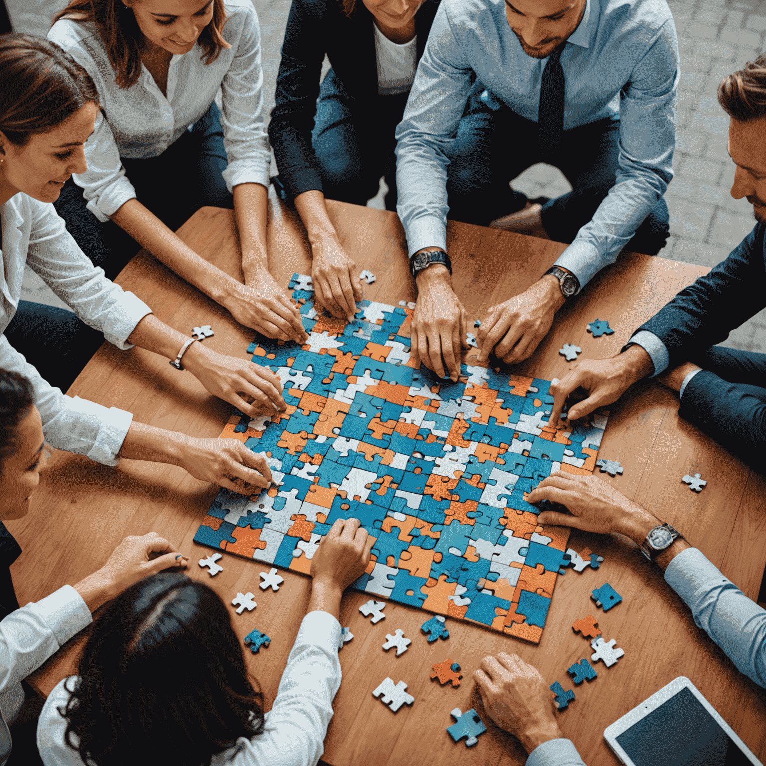 A diverse group of professionals engaged in a team-building exercise. The image depicts people working together to solve a puzzle or complete a challenge, showcasing collaboration and support.