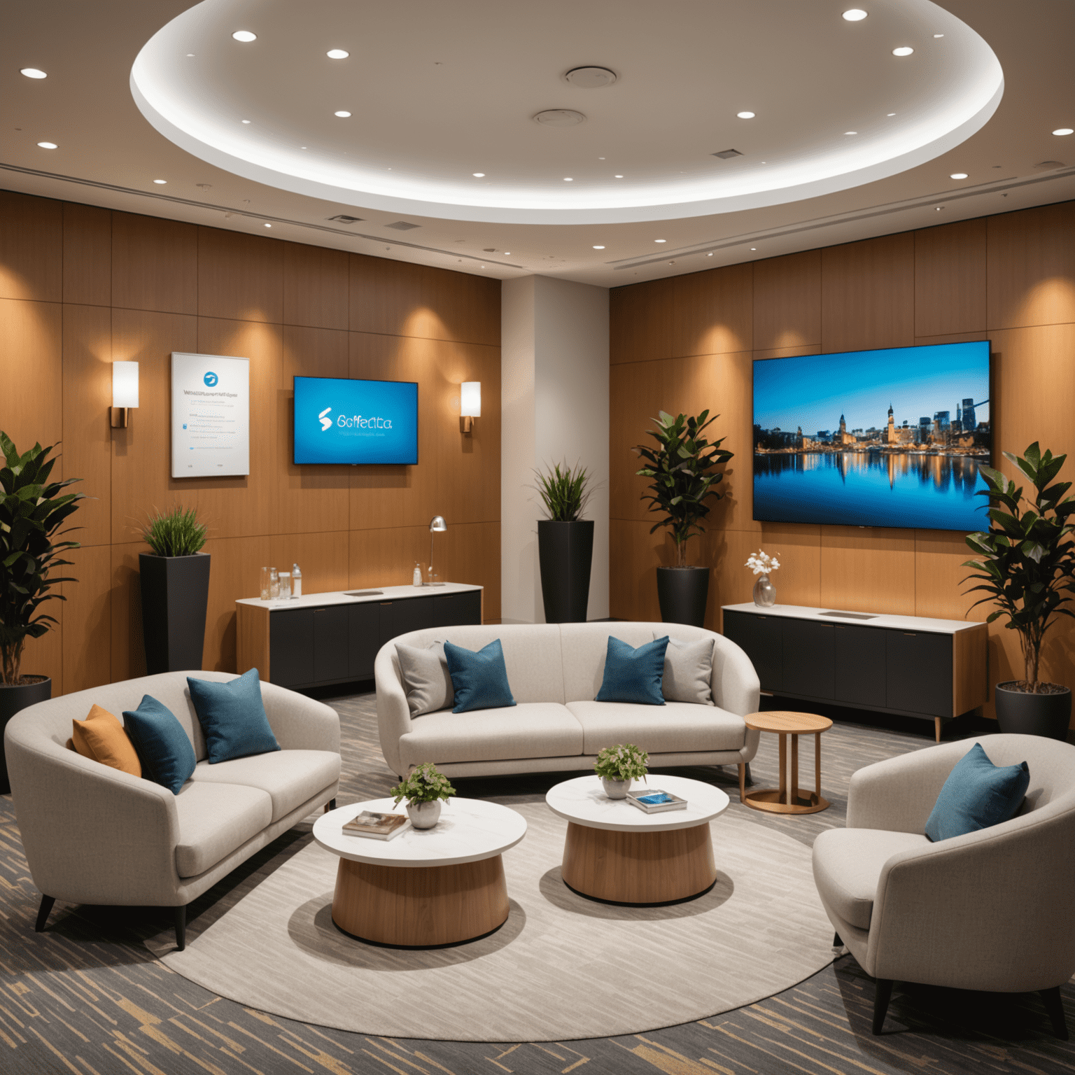 A warm and inviting networking lounge at the Softetica summit, featuring comfortable seating areas and interactive displays showcasing workplace wellbeing initiatives