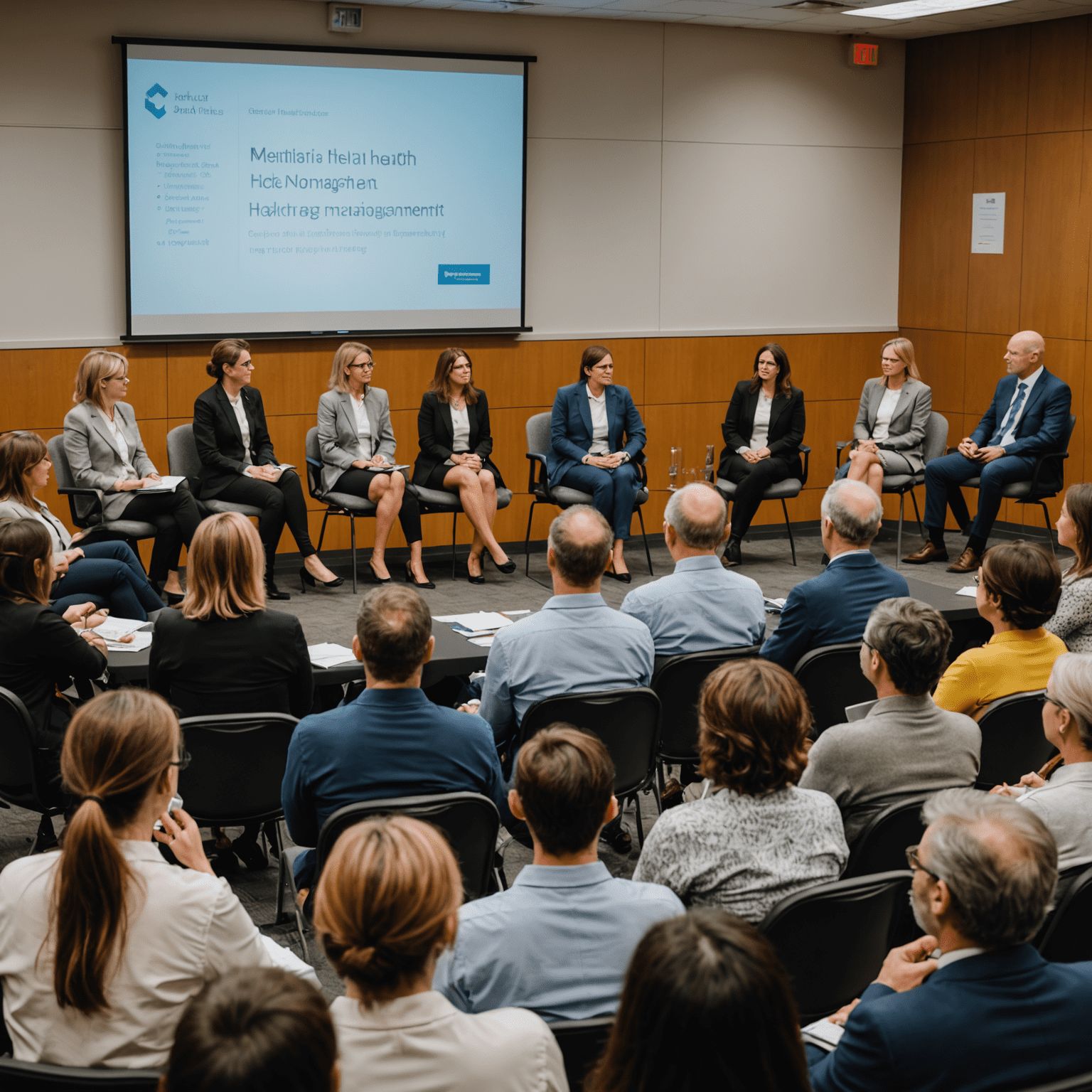 A panel of mental health professionals and HR experts discussing stress management techniques, with visual aids and a captivated audience
