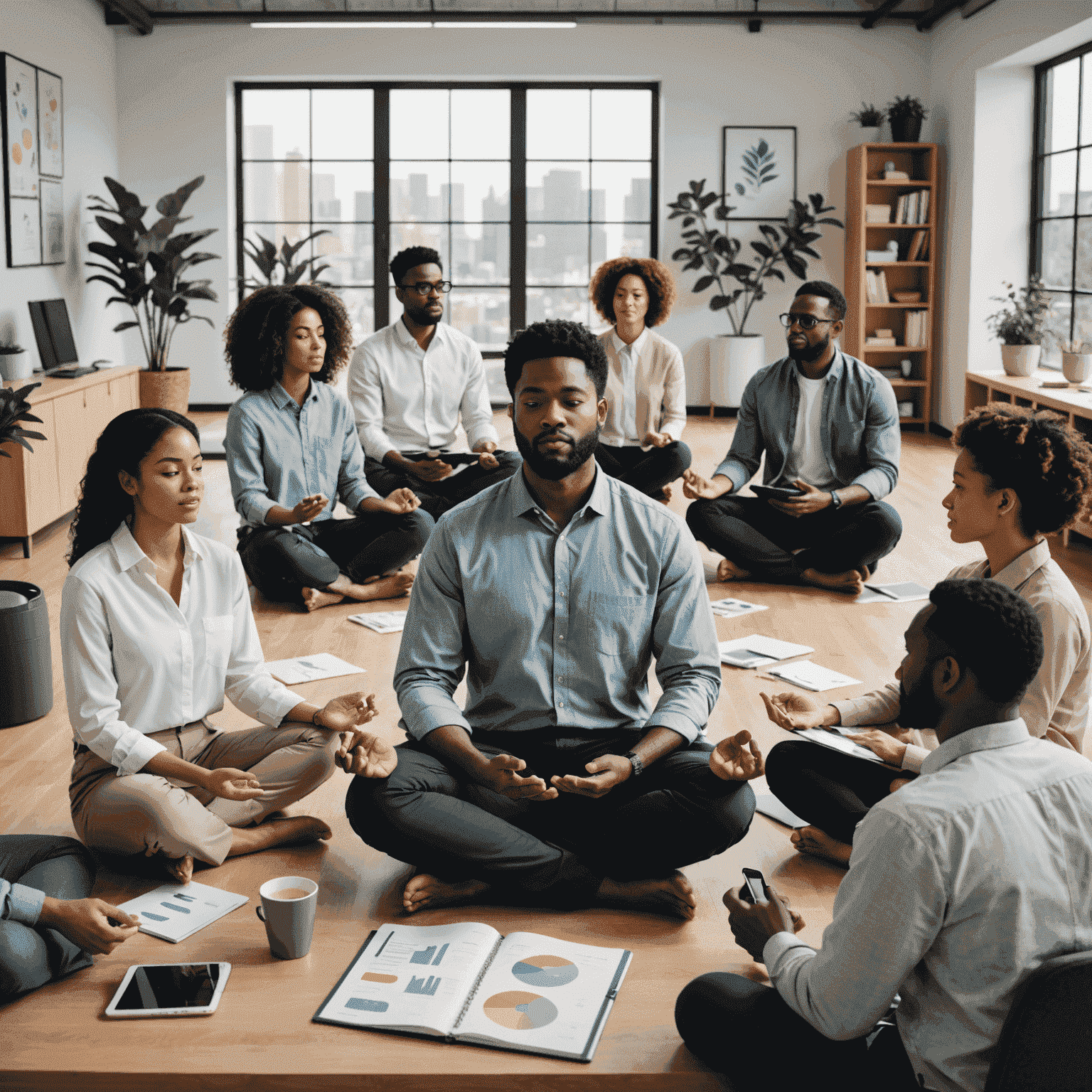 Illustration of diverse employees engaged in various mental health activities such as meditation, group discussions, and using wellness apps in a modern office setting