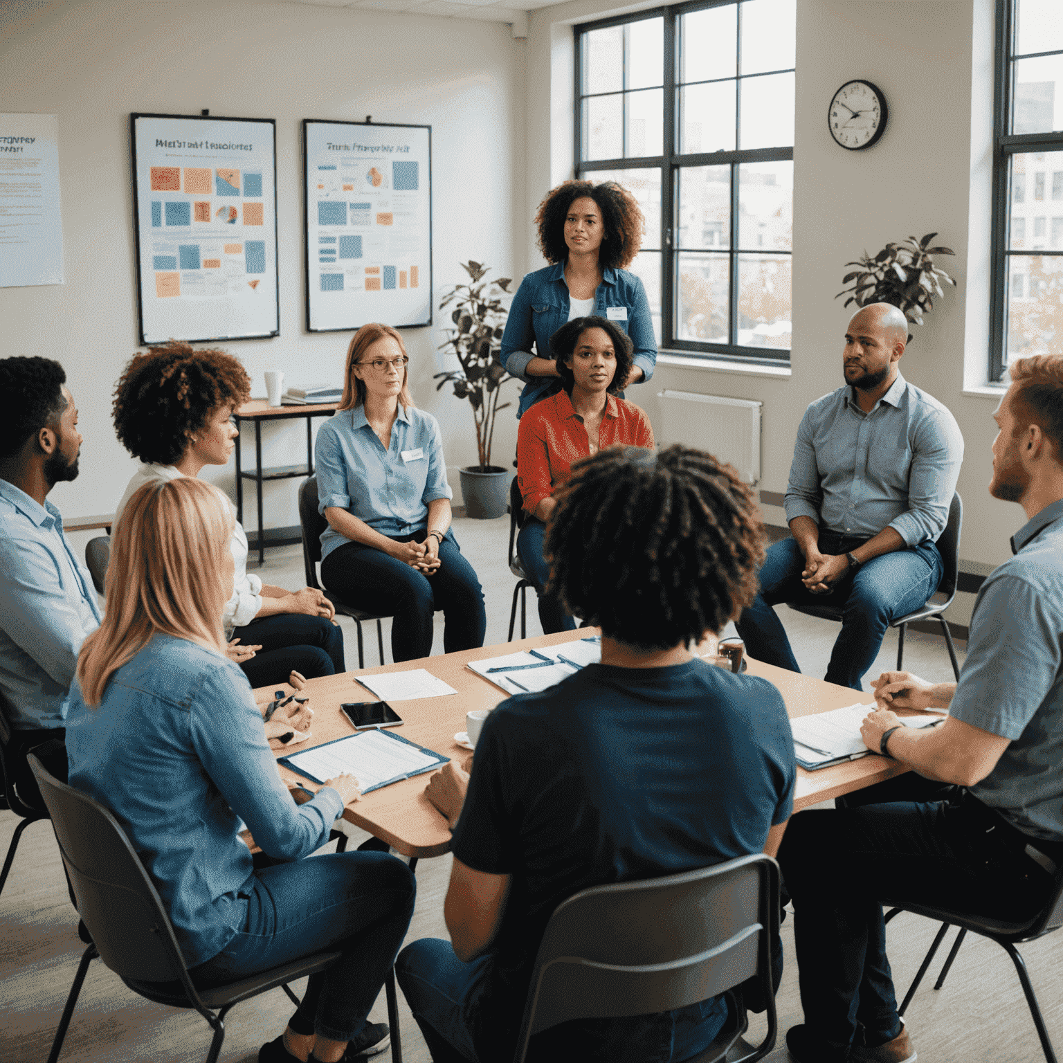 A diverse group of employees participating in a Mental Health First Aid training session, with a trainer demonstrating supportive communication techniques and crisis intervention strategies.