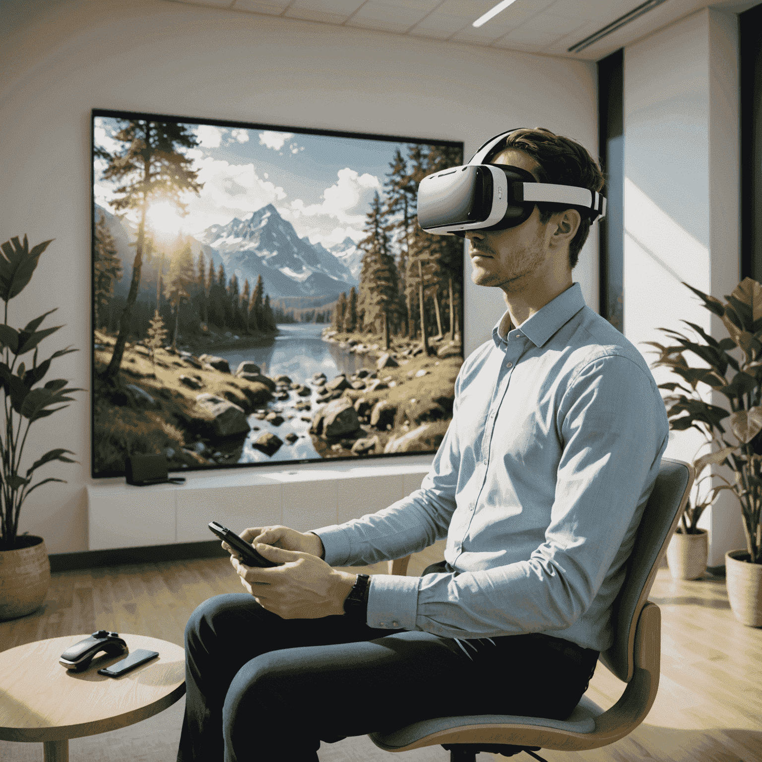 Employee wearing a VR headset, experiencing a serene virtual nature scene in a dedicated relaxation area of the office
