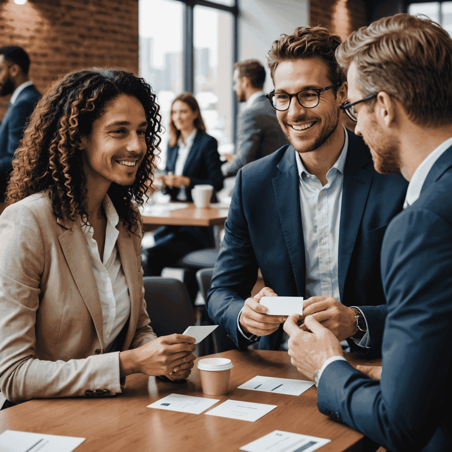 Professionals engaging in conversations and exchanging business cards in a relaxed summit setting