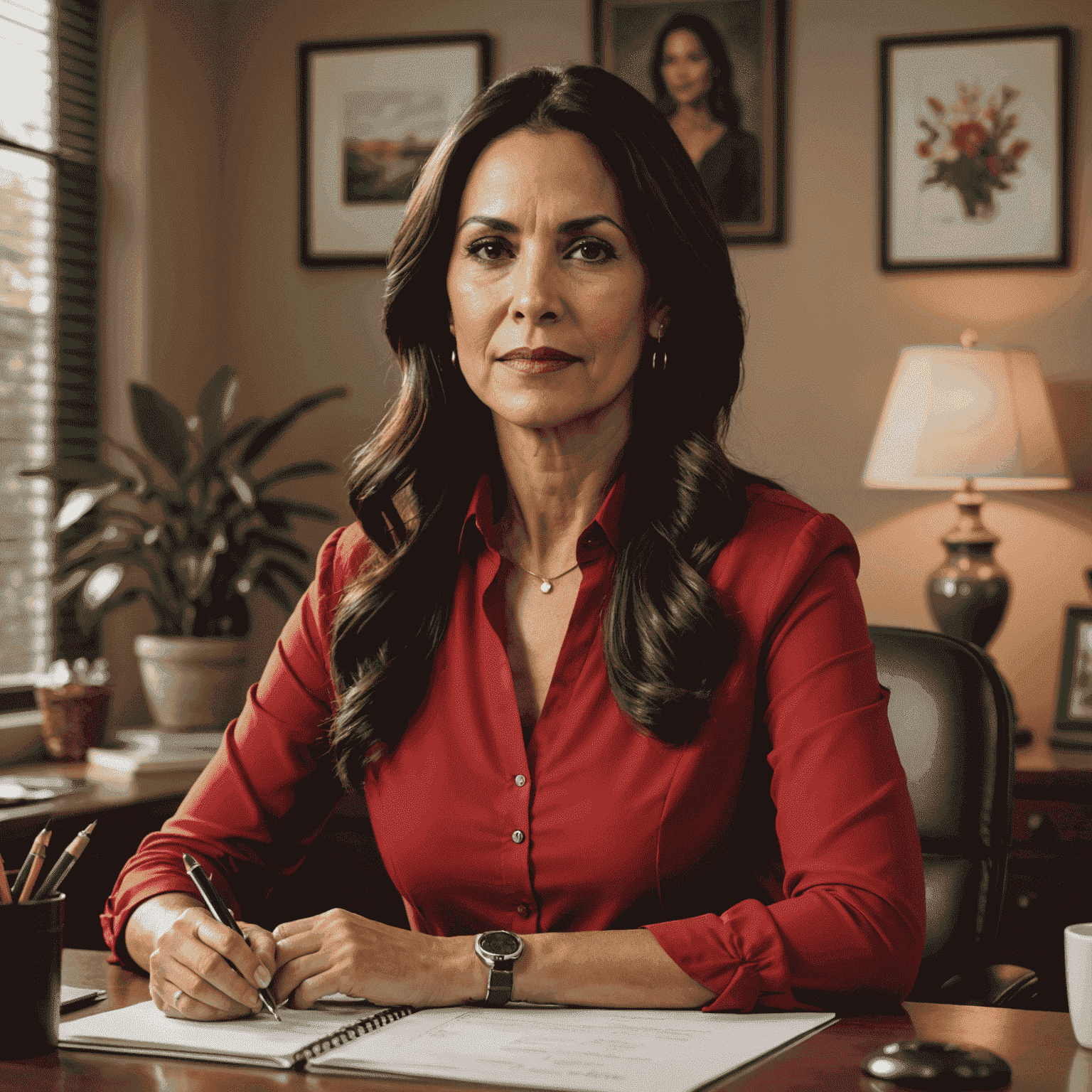 Dr. Olivia Martinez, a Latina woman in her early 50s with long dark hair, sitting at a desk. She is wearing a red blouse and has a warm, approachable expression.