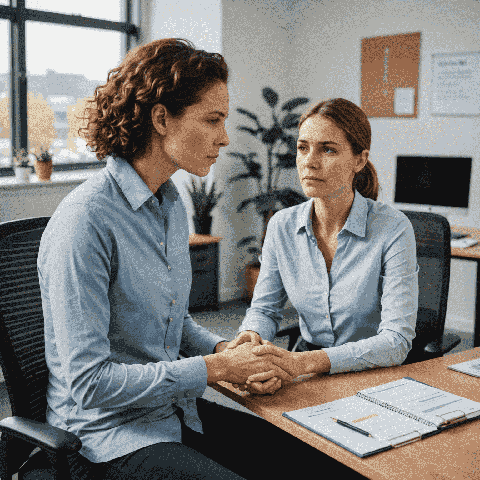 A professional demonstrating mental health first aid techniques. The image shows a person actively listening and providing support to a colleague in a comfortable office setting.