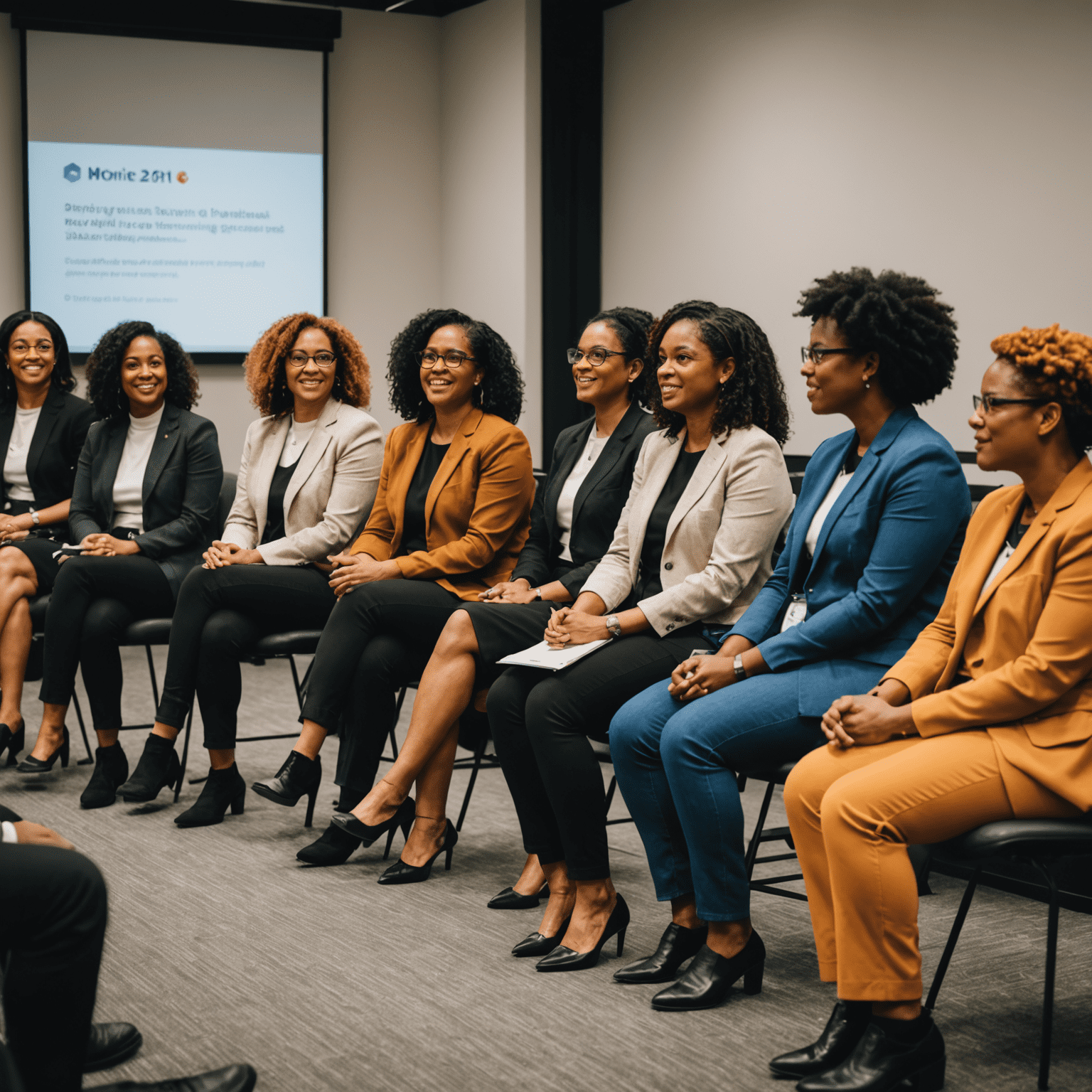 A diverse panel discussing inclusive workplace practices, with audience members from various backgrounds actively participating