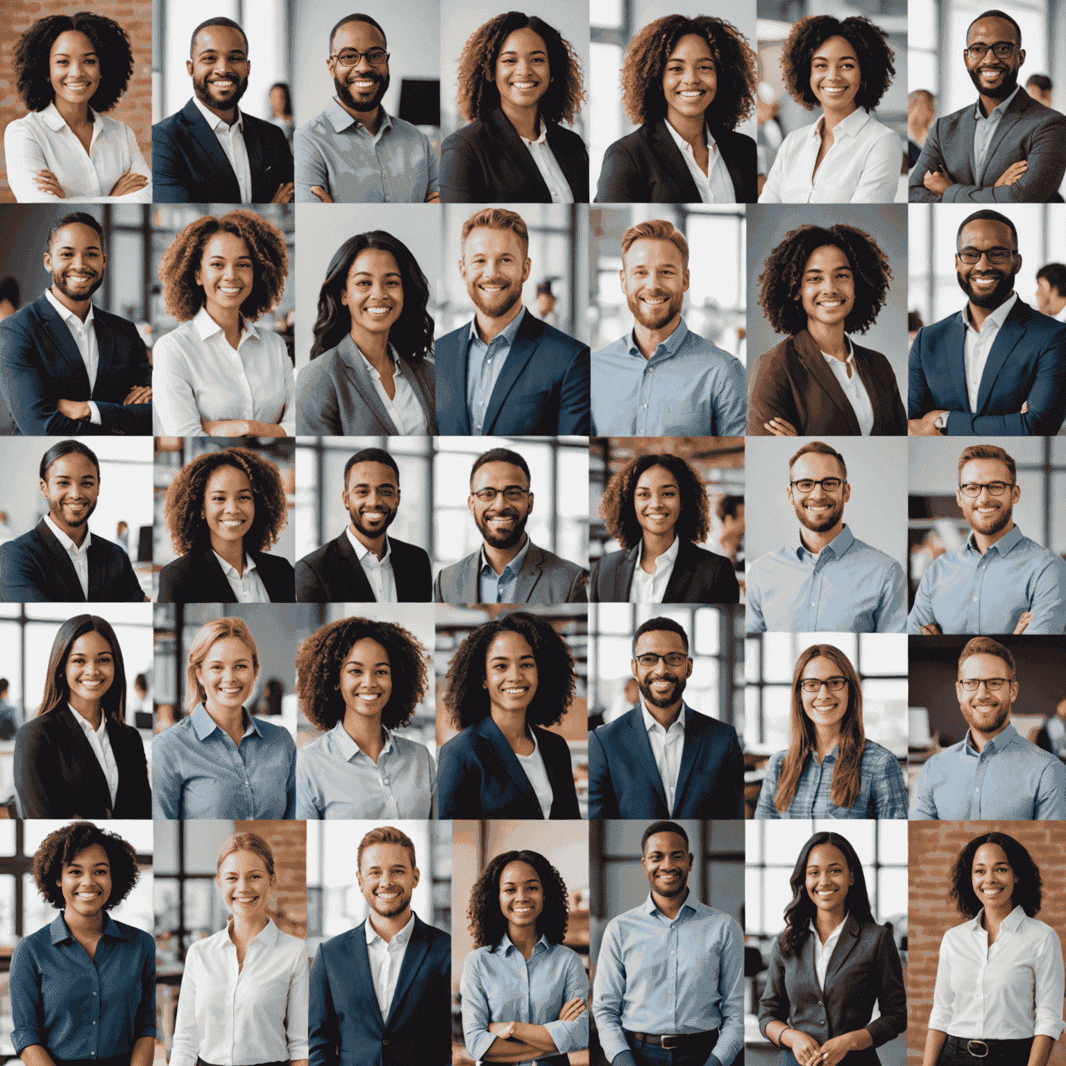 Collage of happy employees from various companies, showcasing diverse teams and positive work environments