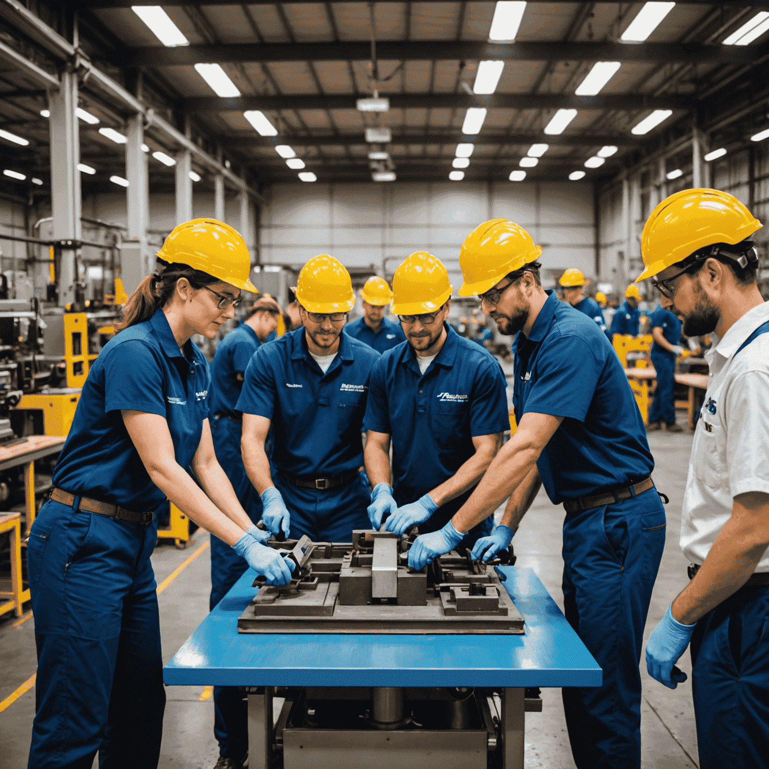 ManufacturePro's factory floor with employees using ergonomic equipment and participating in a team-building exercise