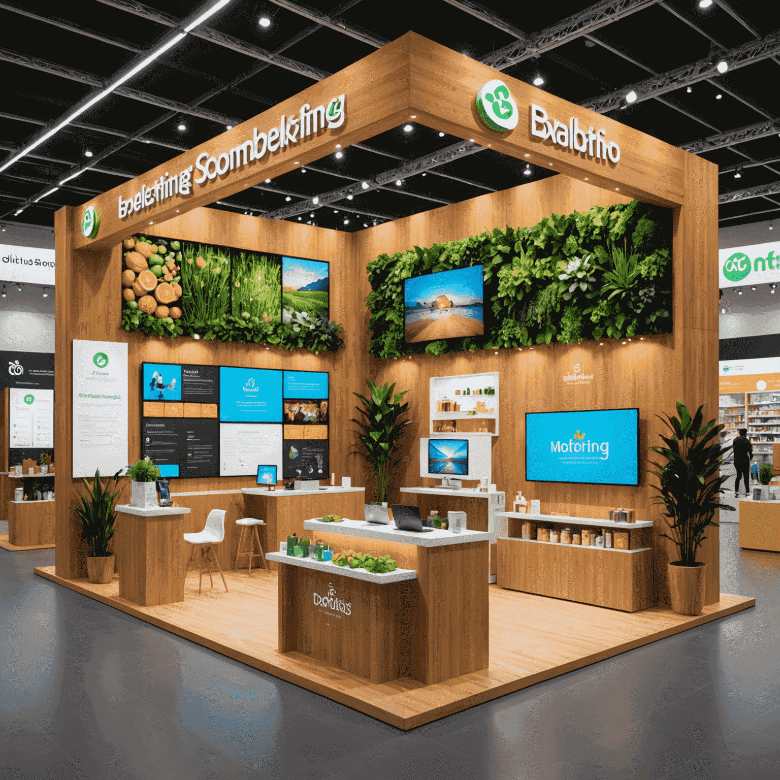 Colorful exhibition hall with booths showcasing various wellbeing products and services