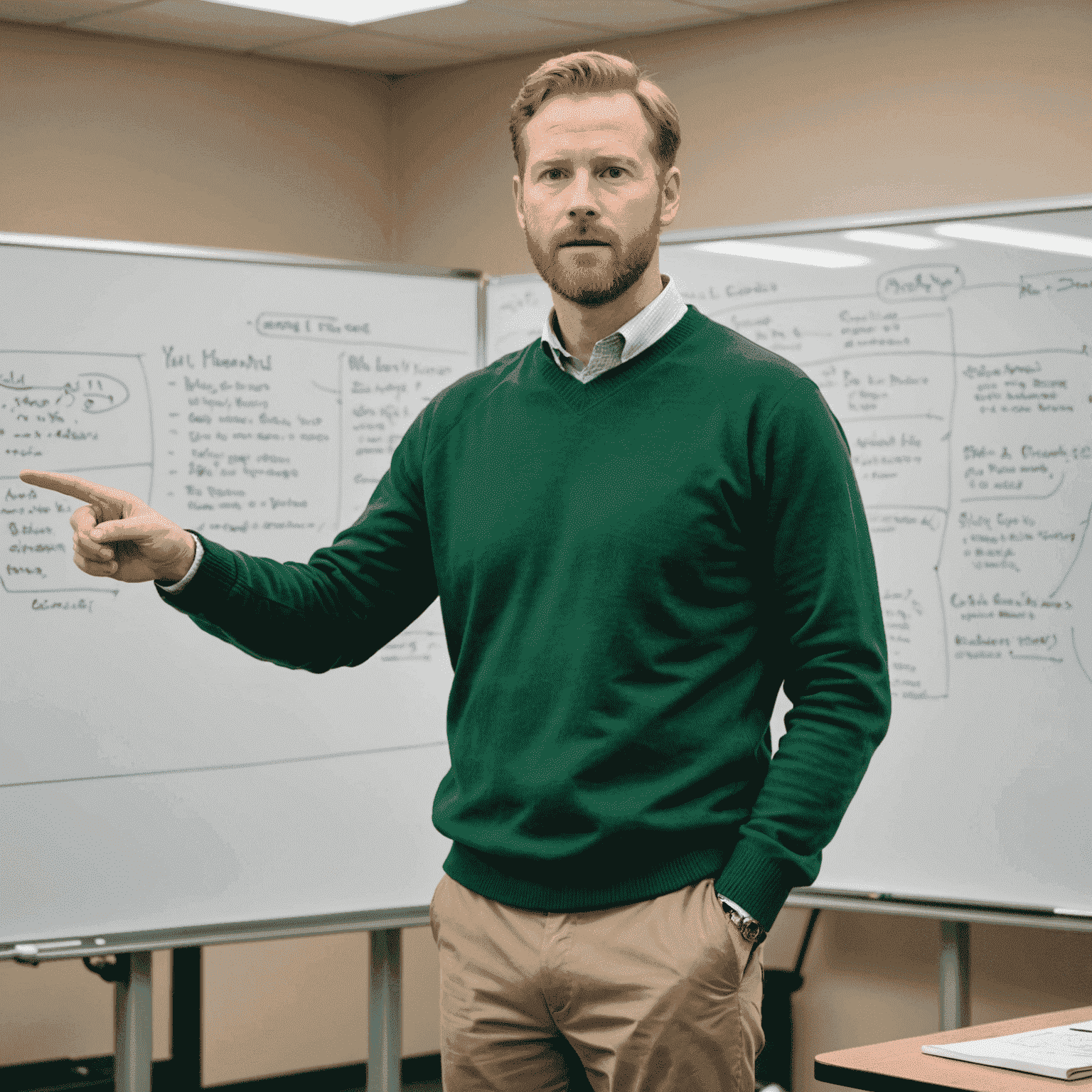 Michael O'Brien, a tall man with ginger hair and beard in his mid-40s, standing in front of a whiteboard. He's wearing a green sweater and khakis, pointing to a diagram on the board.