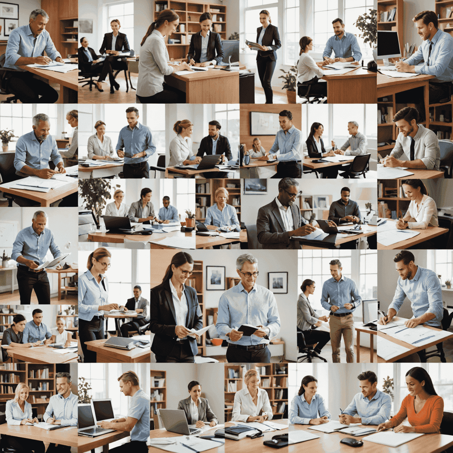 A collage showing various aspects of work-life balance. The image includes scenes of professionals engaged in both work activities and personal pursuits like exercise, family time, and hobbies.