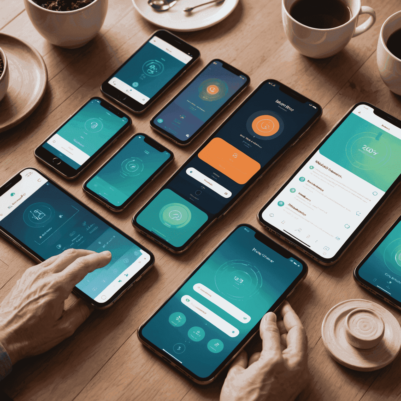 Montage of various wellness apps and digital platforms on smartphones and tablets, showcasing user interfaces for meditation, therapy, and wellness tracking