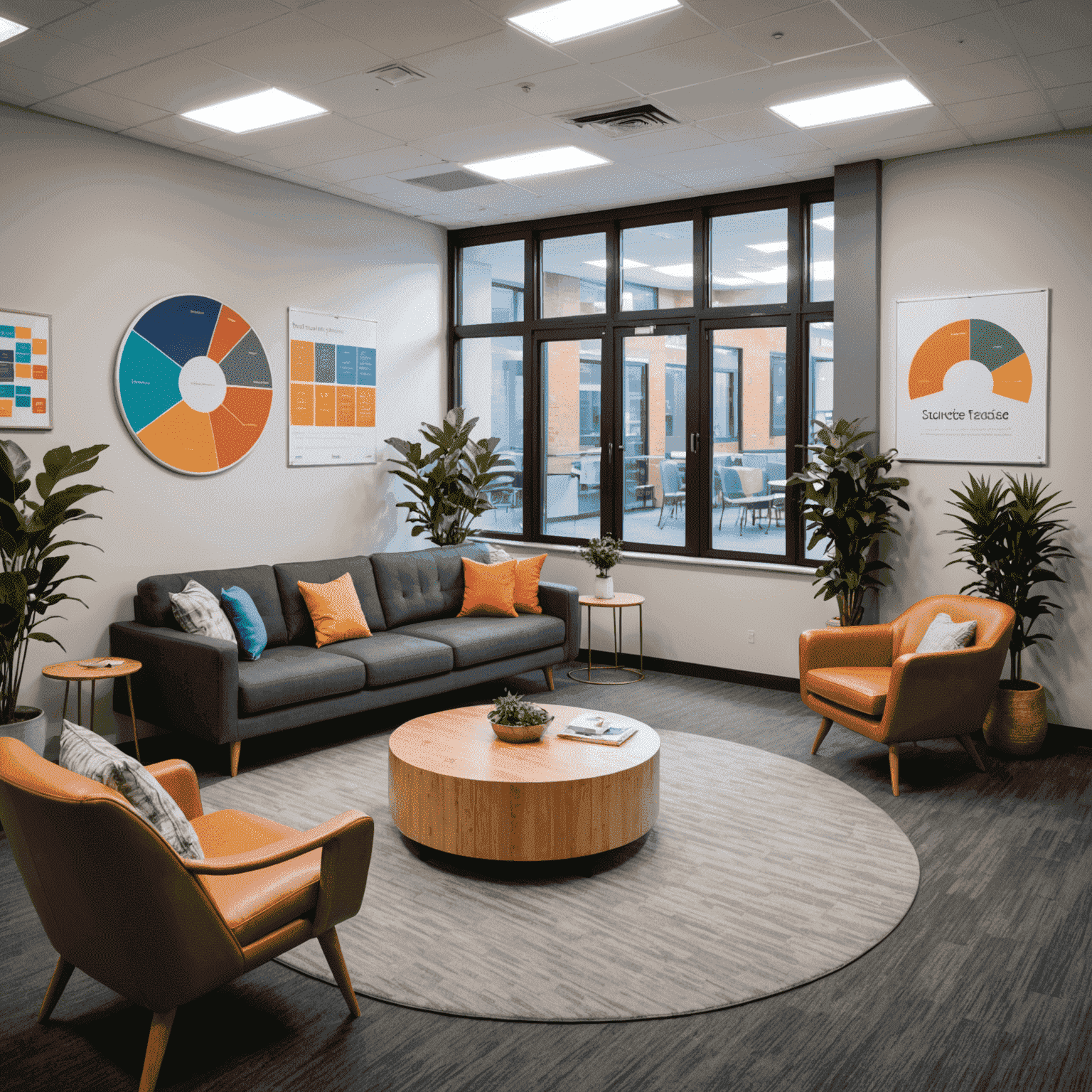 EduExcellence's teachers lounge transformed into a relaxation space, and a pie chart showing reduced stress levels among staff