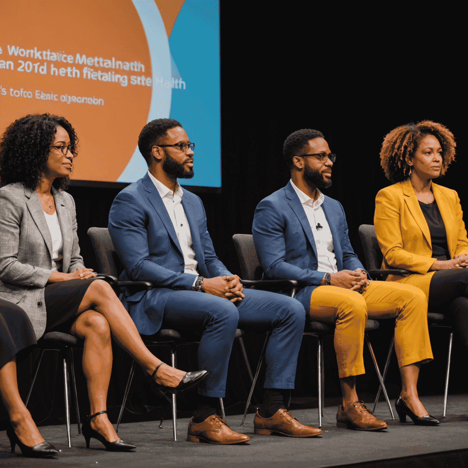 Diverse panel of experts discussing workplace mental health topics on stage