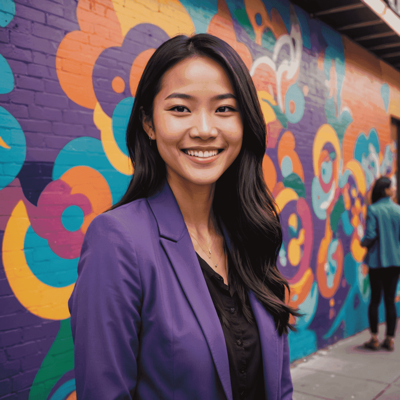 Sarah Nguyen, a young Asian woman with long black hair, smiling confidently. She's wearing a purple blazer and standing in front of a colorful mural depicting diverse workplace scenes.