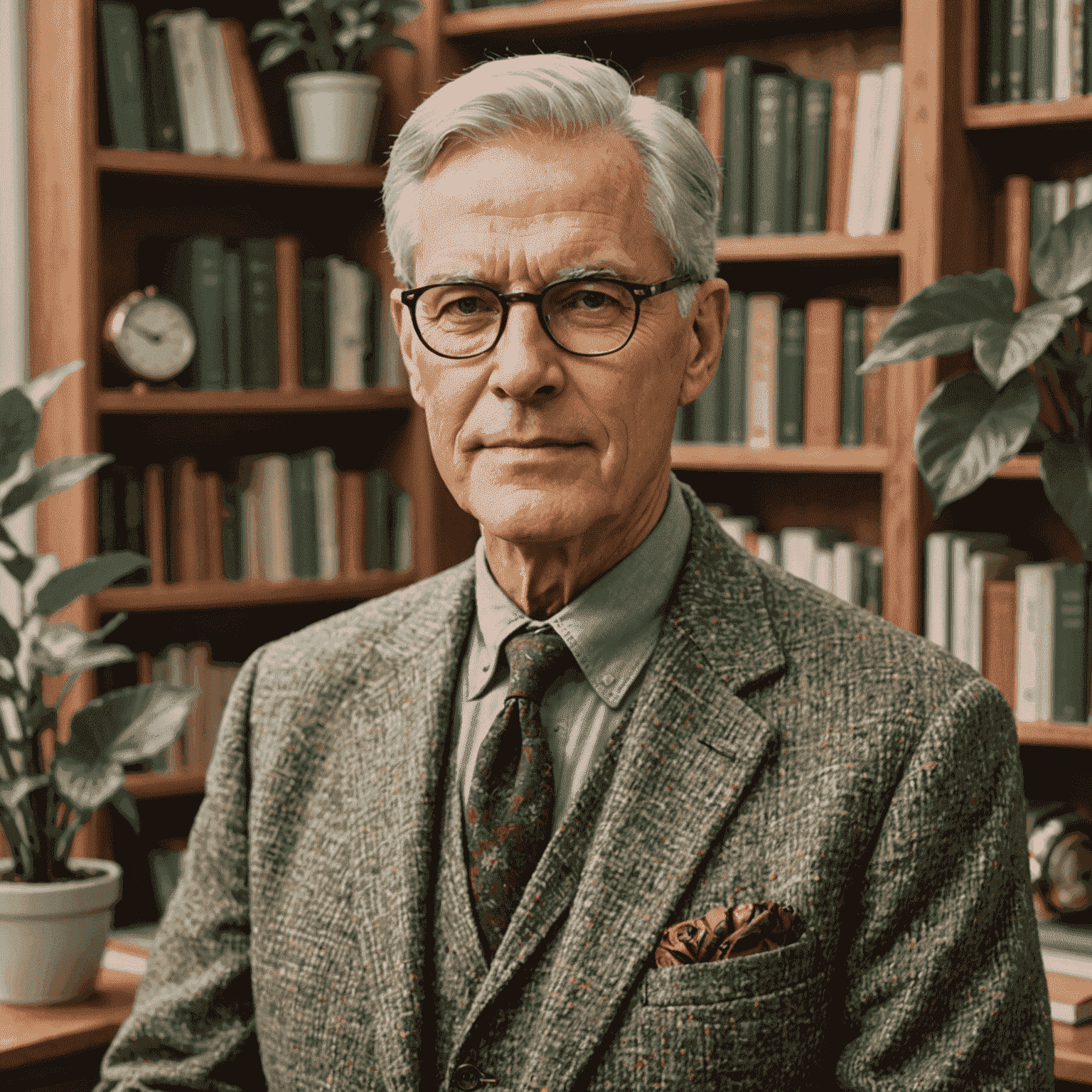 Dr. Robert Keller, a distinguished-looking man in his 60s with silver hair and glasses. He's wearing a tweed jacket and is photographed in a cozy office setting with plants and bookshelves in the background.